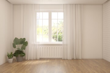 Fototapeta premium White empty room with summer landscape in window. Scandinavian interior design. 3D illustration