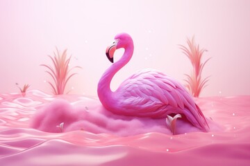 A pink flamingo gracefully floats on the waters surface, displaying its vibrant feathers. - obrazy, fototapety, plakaty