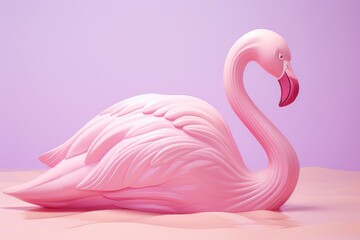 A pink flamingo gracefully sits atop a sandy beach, surrounded by the calm ocean waves.