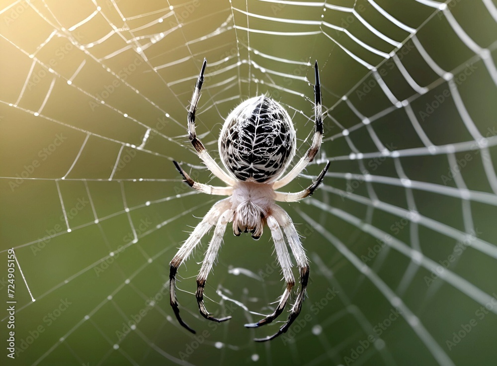 Wall mural beautiful white color spider in a spider web. natural background and a macro view