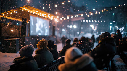 Winter Wonderland Cinema: People Enjoying a Movie in an Open Air Theater Amidst the Chilly Air