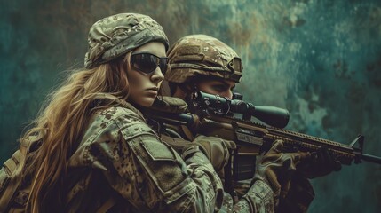 Fototapeta premium A female soldier holding a sniper rifle AI generated image
