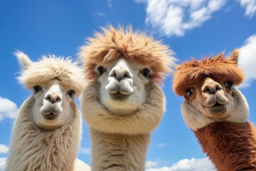 A large group of llamas standing close to each other in a field, displaying their unique woolly coats. - obrazy, fototapety, plakaty