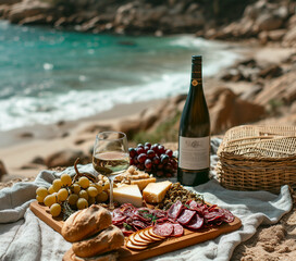 Picnic on a beach with a meat charcuterie board and wine for two. Basket with wine and baguette and wooden tray with croissants.