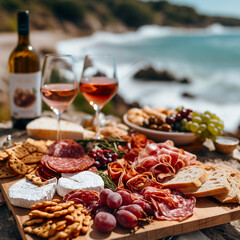 Closeup Antipasto platter with prosciutto crudo or jamon, salami, olives and white wine on a wooden board on the background of the sea