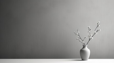 Un pot avec des fleurs devant un mur de couleur gris, image avec espace pour texte.