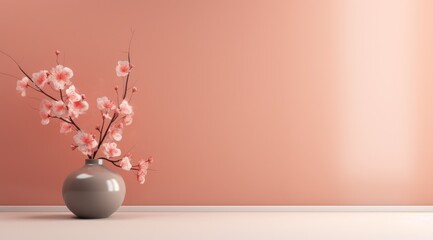 Pièce avec mur éclairé peint en rose avec des plantes, image avec espace pour texte.