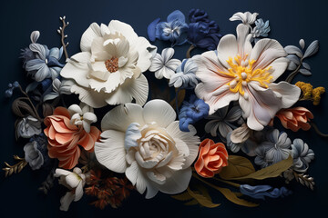 Colorful paper flowers on dark blue background. Flat lay, top view.