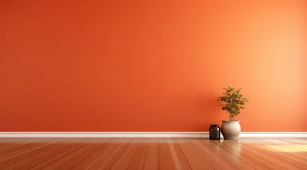 Deurstickers Pièce avec mur éclairé peint en orange avec des plantes vertes et du parquet, image avec espace pour texte. © David Giraud
