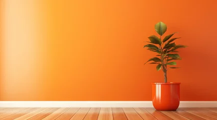 Fotobehang Pièce avec mur éclairé peint en orange avec des plantes vertes et du parquet, image avec espace pour texte. © David Giraud