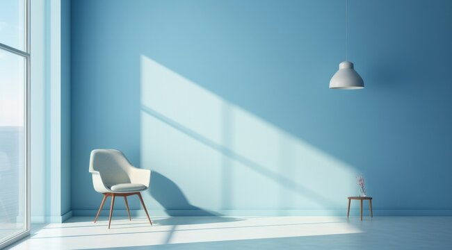 Pièce avec mur éclairé peint en bleu avec un fauteuil et une lampe, image avec espace pour texte.