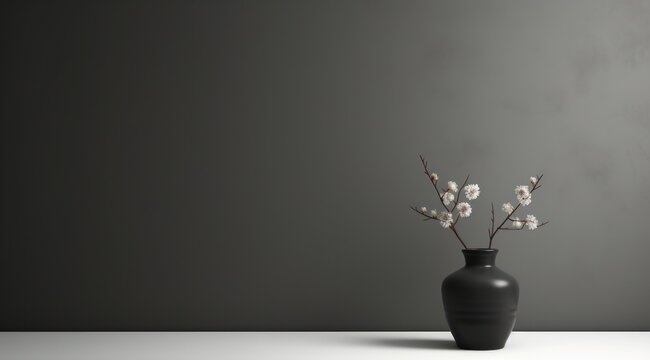 Un pot avec des fleurs devant un mur de couleur gris, image avec espace pour texte.