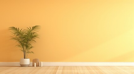 Pièce avec mur éclairé peint en jaune avec des plantes vertes et du parquet, image avec espace pour texte.