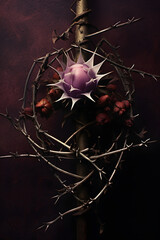 An image of a crown of thorns with purple flower, on black
