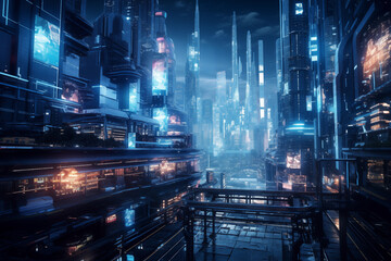 Night scene of modern city. Hyper realistic illustration