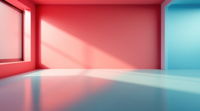 Pi&egrave;ce vide avec mur &eacute;clair&eacute; peint en rose et bleu, image avec espace pour texte.
