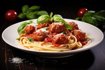 A mouthwatering dish of spaghetti topped with flavorful meatballs and fresh basil leaves, Spaghetti with tomato sauce and meatballs, AI Generated