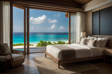 Luxury hotel bedroom with a large window that shows stunning view of the turquoise sea and beach