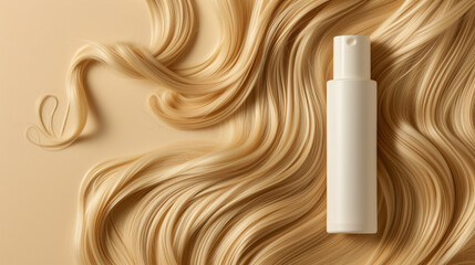 Hair serum bottle, blank tube container mockup on blonde hair background