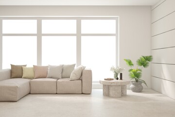 Fototapeta premium White living room with sofa. Scandinavian interior design. 3D illustration