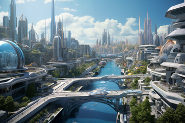 Futuristic city with skyscrapers and high-rise buildings and bridges over the river. - obrazy, fototapety, plakaty
