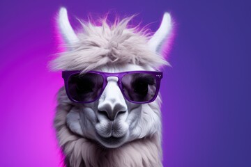 A llama wearing sunglasses stands against a vibrant purple background, creating a playful and unique image.