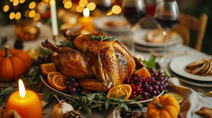 Turkey on Platter With Oranges and Cranberries, Thanks Giving