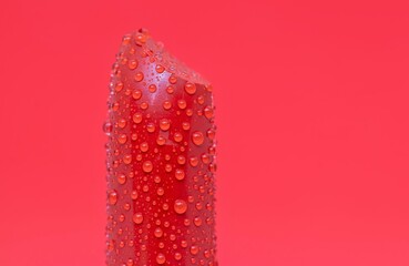 Macro of Red Lipstick with Water Droplets Isolated in Red Background with Copy Space in Horizontal Orientation