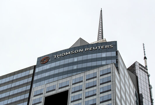 Thomson Reuters sign on top of a building on 42nd street in midtown Manhattan, New York City.