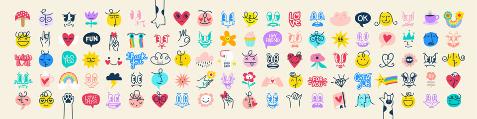 Groovy Funny Love sticker set. Cartoon Characters and Lettering in Different Styles. Happy valentine's day concepts. Trendy retro 60s 70s style emoji snd Templates. Full Vector Illustrations