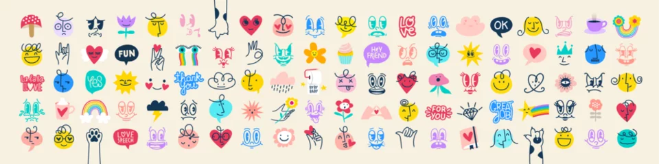 Fotobehang Groovy Funny Love sticker set. Cartoon Characters and Lettering in Different Styles. Happy valentine's day concepts. Trendy retro 60s 70s style emoji snd Templates. Full Vector Illustrations © FourLeafLover