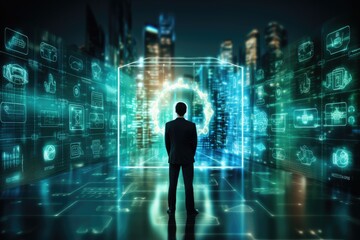 Businessman Standing in Front of Futuristic Cityscape, The concept of cyber security, data protection, business technology, and privacy is presented on a virtual screen, AI Generated