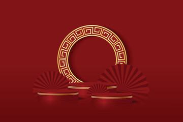 Chinese New Year background product display podium with golden paper cut style. Vector