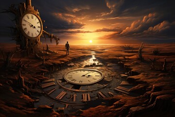 A man stands next to a large clock in the middle of a field, The end of time, AI Generated