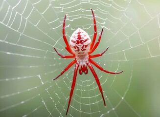 Obraz premium Beautiful red and white color spider in a spider web. natural background and a macro view