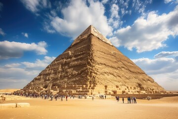 A group of individuals standing together, dwarfed by the massive size of a magnificent pyramid, The Great Pyramid of Khafre, also known as the Pyramid of Khafre, located in Giza, Egypt, AI Generated