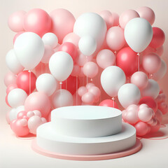 Round white podium platform stand for product presentation and red and pink balloons on pastel white background