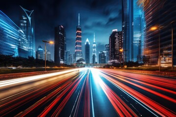 Bustling City Street With Heavy Night Traffic, The light trails on a modern building background in Shanghai, China, AI Generated - obrazy, fototapety, plakaty