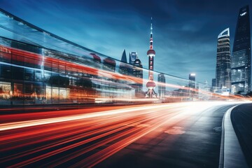 Fototapeta premium A stunning long exposure photo captures the nighttime aura of a city, with lights illuminating the urban landscape, The light trails on a modern building background in Shanghai, China, AI Generated