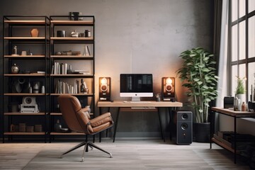 A functional room featuring a desk, chair, computer, and bookshelf, The modern home office interior features a computer, supplies, and decorations, providing a mock-up setting, AI Generated