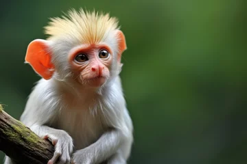 Zelfklevend Fotobehang A small white and orange monkey perched comfortably on a sturdy tree branch, The Red-shanked douc, a species of Old World monkey, AI Generated © Iftikhar alam