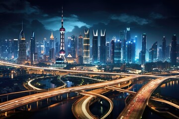 Fototapeta na wymiar Urban Landscape, A Thriving Metropolis With Towering Skyscrapers, The Shanghai city skyline and expressway at night in China form a captivating urban landscape, AI Generated