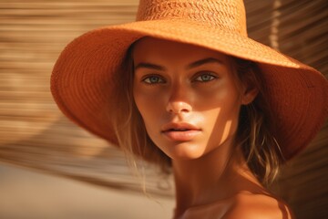 A woman confidently poses in a tan hat and white dress, exuding timeless elegance.