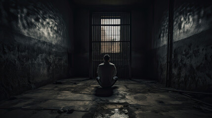 Sad depressed man lonely in a dark prison cell. - obrazy, fototapety, plakaty