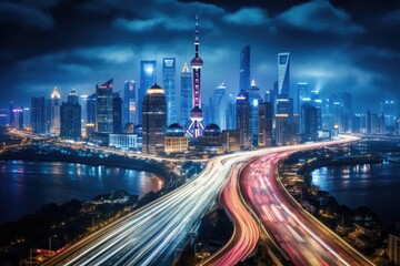 Fototapeta na wymiar A Vast Urban Landscape of Towering Skyscrapers and Bustling Streets, The Shanghai city skyline and expressway at night in China form a captivating urban landscape, AI Generated