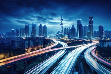 Fototapeta na wymiar A Striking Evening Vantage, A Citys Nighttime Panorama Unveiled, The Shanghai city skyline and expressway at night in China form a captivating urban landscape, AI Generated