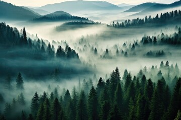 Obraz premium Journey through a magical forest with an endless array of trees shrouded in a mysterious fog, Thick fog covering a dense coniferous forest, seen from a bird's eye view, AI Generated