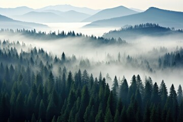Fototapeta premium A serene forest filled with dense trees covered in fog creates a captivating atmosphere, Thick fog covering a dense coniferous forest, seen from a bird's eye view, AI Generated