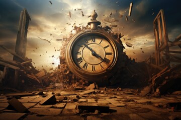 A lone clock is positioned in the center of a room, surrounded by empty space, Time getting...