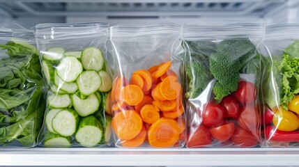 Vacuum bags with different vegetables in the fridge, vacuum bags with vegetables, vegetables vacuumed in the bags, vegetables preserved with vacuumed, vegetables preserved in the fridge, vegetables - obrazy, fototapety, plakaty